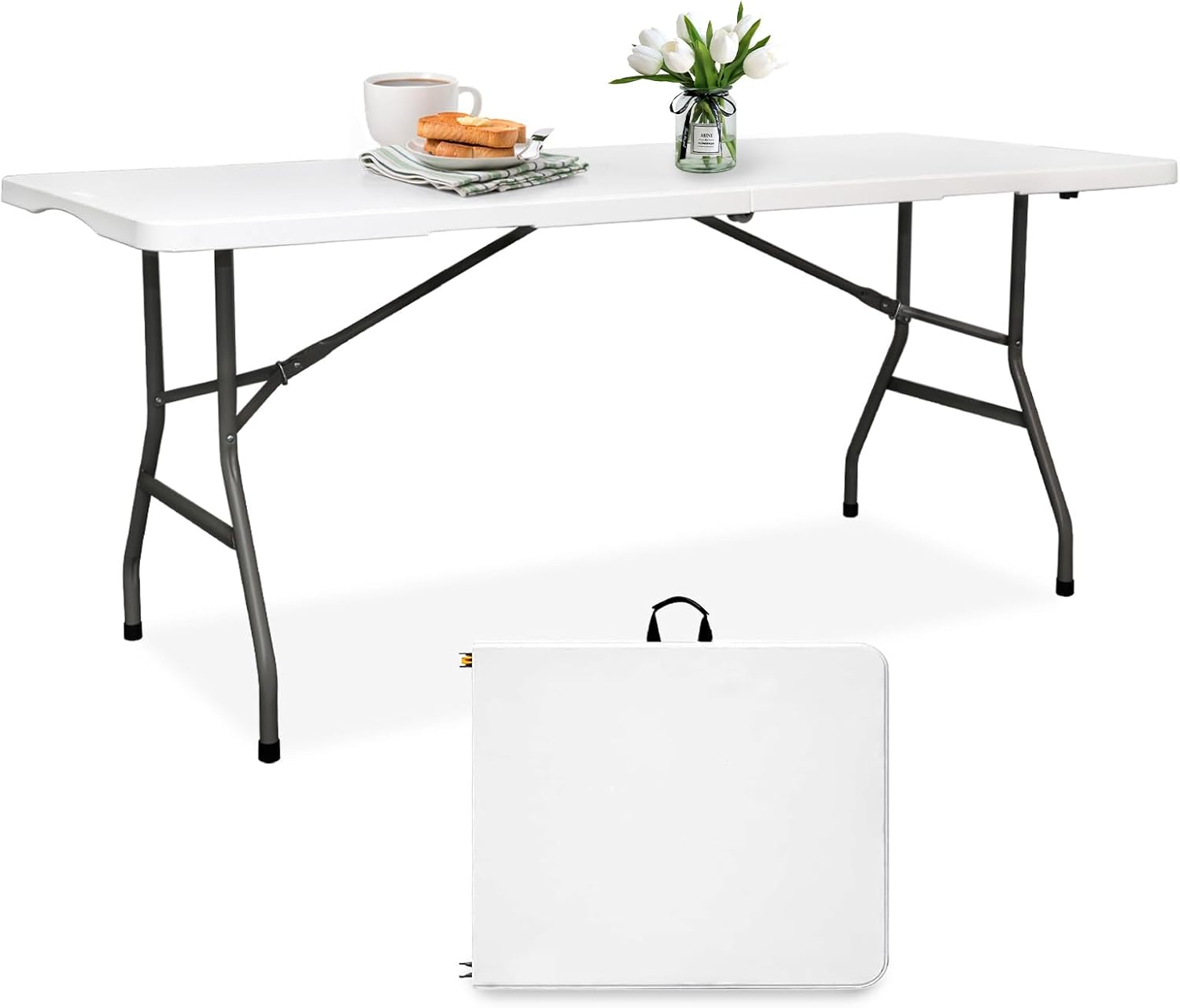 Folding Table  6FT Foldable Table Portable Banquet Surface Fold-in-Half Desk Utility for Working Meeting Parties, Picnic, Camping, Weddings, Catering, Garden Dining-White