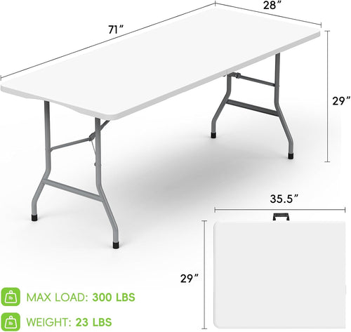 6ft Folding Table with Handle & Safety Locks - Portable Picnic & Camping Table, Indoor/Outdoor Dining & Work Table for Weddings & Parties Plastic Construction