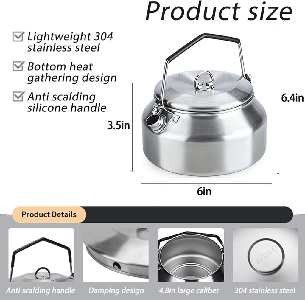Camping Kettle Outdoor Campfire Camp Kettle, 1L Stainless Steel camping tea kettle Coffee Pot, Portable Lightweight Teapot Fast Heating Boiling Water, Ideal for Hiking Picnic Travel, Silver