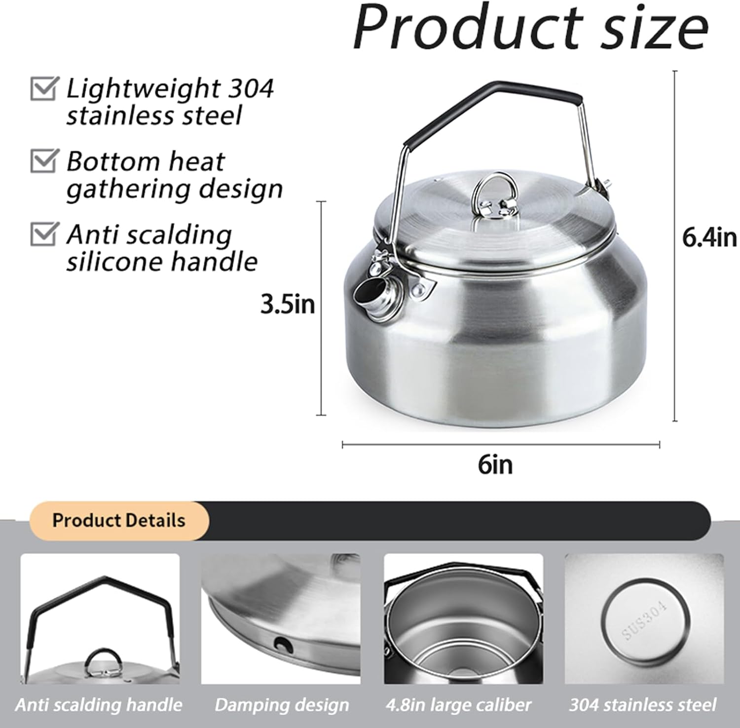 Camping Kettle Outdoor Campfire Camp Kettle, 1L Stainless Steel camping tea kettle Coffee Pot, Portable Lightweight Teapot Fast Heating Boiling Water, Ideal for Hiking Picnic Travel, Silver