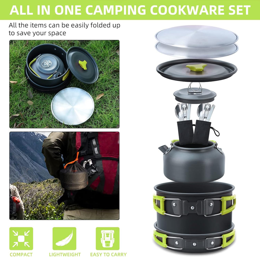 16pcs Camping Cookware Mess Kit, Non-Stick Lightweight Pot Pan Kettle Set with Stainless Steel Plates Forks Knives Spoons, Portable Camping Cooking Set for Outdoor Backpacking Hiking Picnic