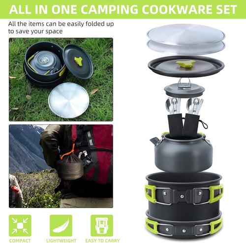 16pcs Camping Cookware Mess Kit, Non-Stick Lightweight Pot Pan Kettle Set with Stainless Steel Plates Forks Knives Spoons, Portable Camping Cooking Set for Outdoor Backpacking Hiking Picnic