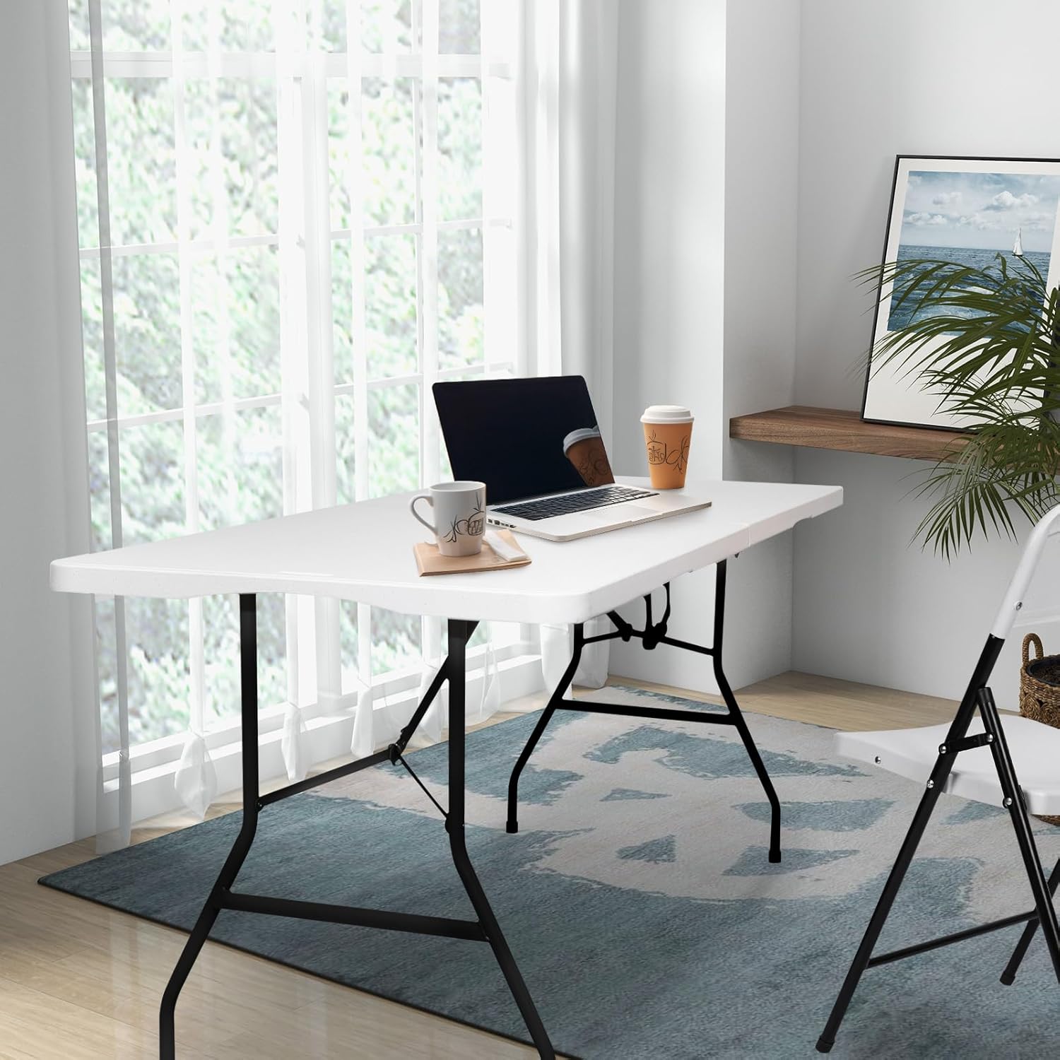 Folding Table  6FT Foldable Table Portable Banquet Surface Fold-in-Half Desk Utility for Working Meeting Parties, Picnic, Camping, Weddings, Catering, Garden Dining-White