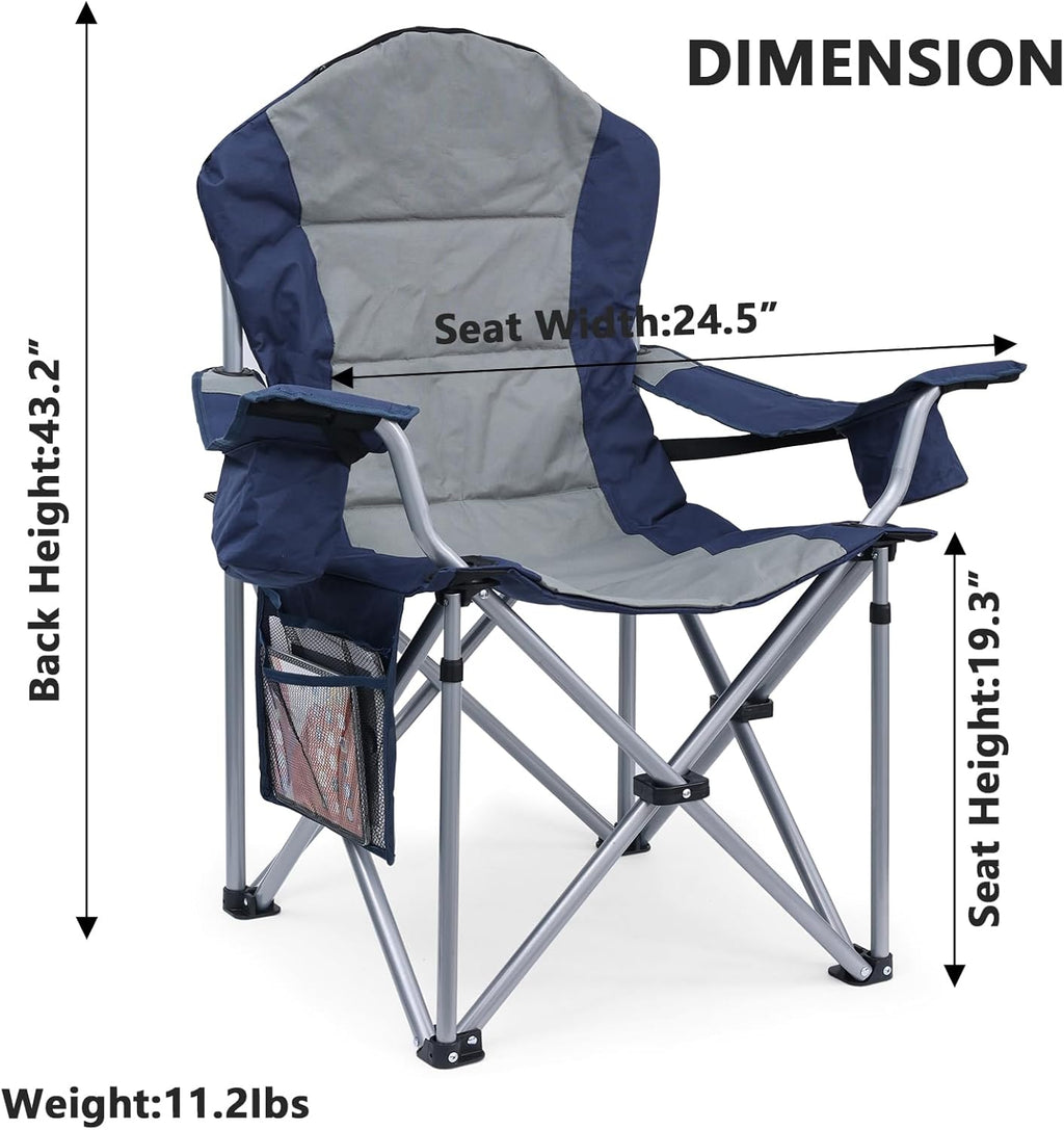 Oversized Camping Chairs for Adults with Lumbar Support, Padded Camping Chair with Storage Pocket, Folding Chairs for Outside with Cup Holder Support to 400LBS