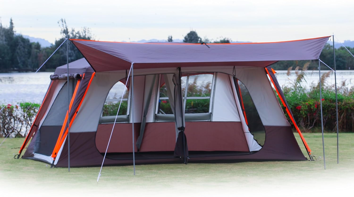 Extra Large Tent 10-12-14 Person(B),Family Cabin Tents,2 Rooms,3 Doors and 3 Windows with Mesh,Straight Wall,Waterproof,Double Layer,Big Tent for Outdoor,Picnic,Camping,Family Gathering