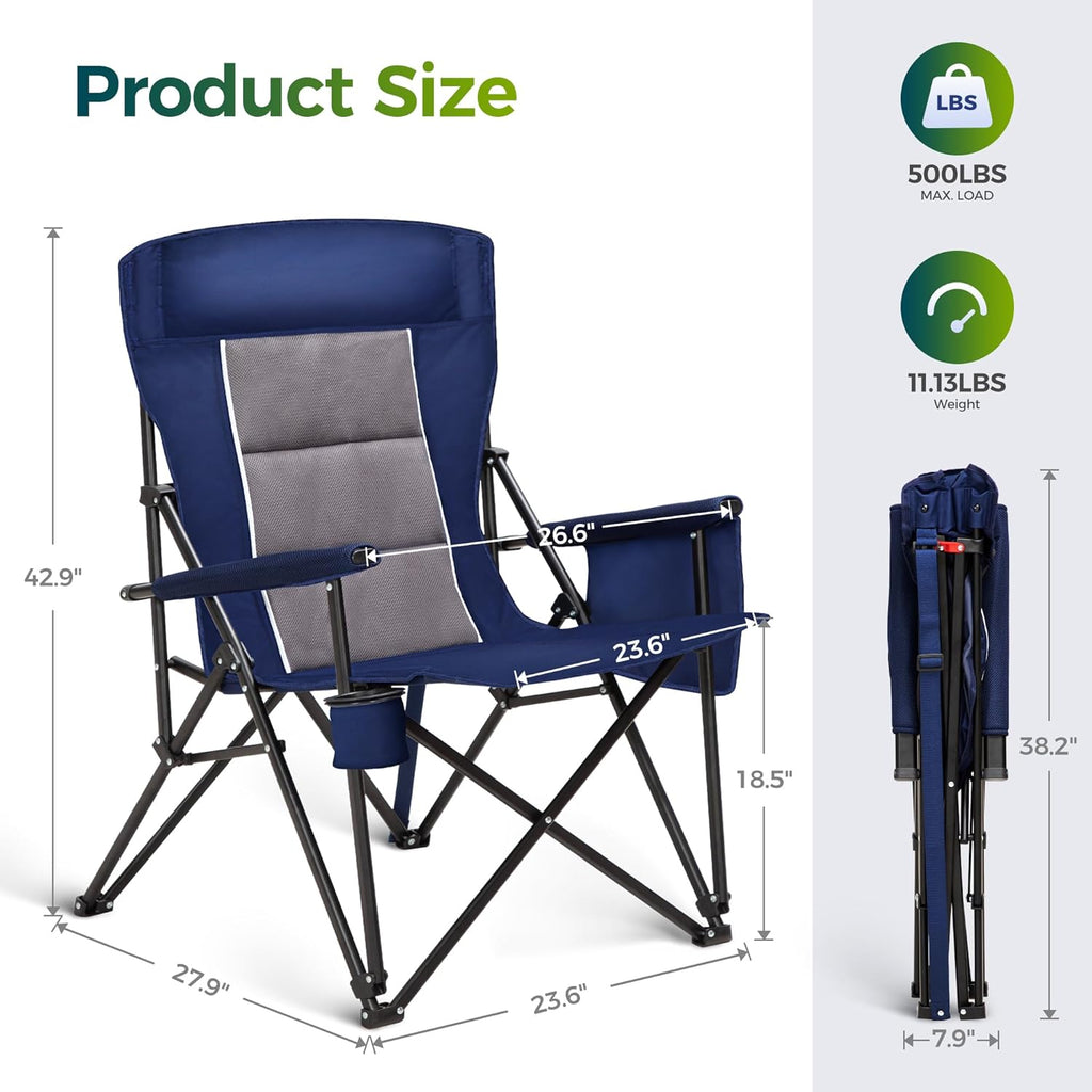 Oversized Folding Camping Chairs High Backrest Heavy Duty Lawn Chairs for Adults Support 500 LBS Portable Camp Chairs with Cup Holders Large Side Pocket for Outdoor