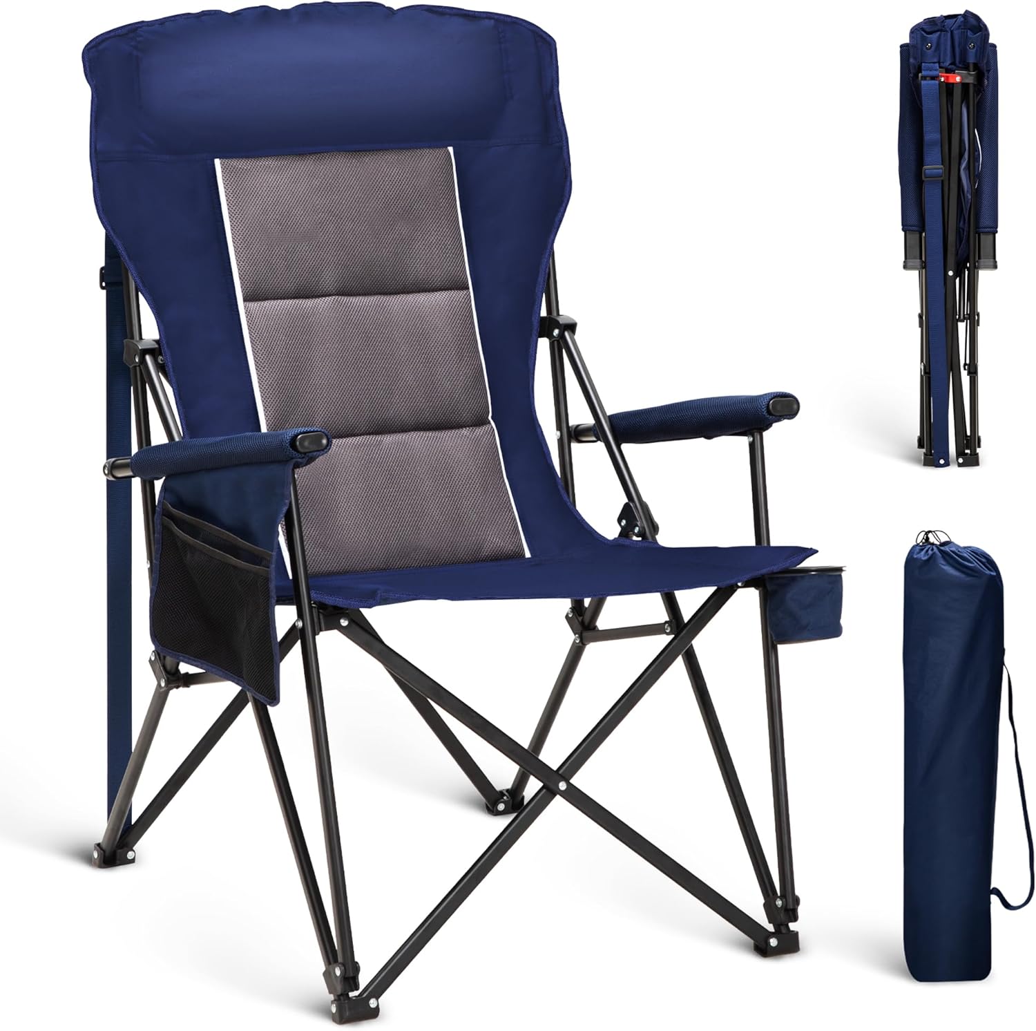 Oversized Folding Camping Chairs High Backrest Heavy Duty Lawn Chairs for Adults Support 500 LBS Portable Camp Chairs with Cup Holders Large Side Pocket for Outdoor