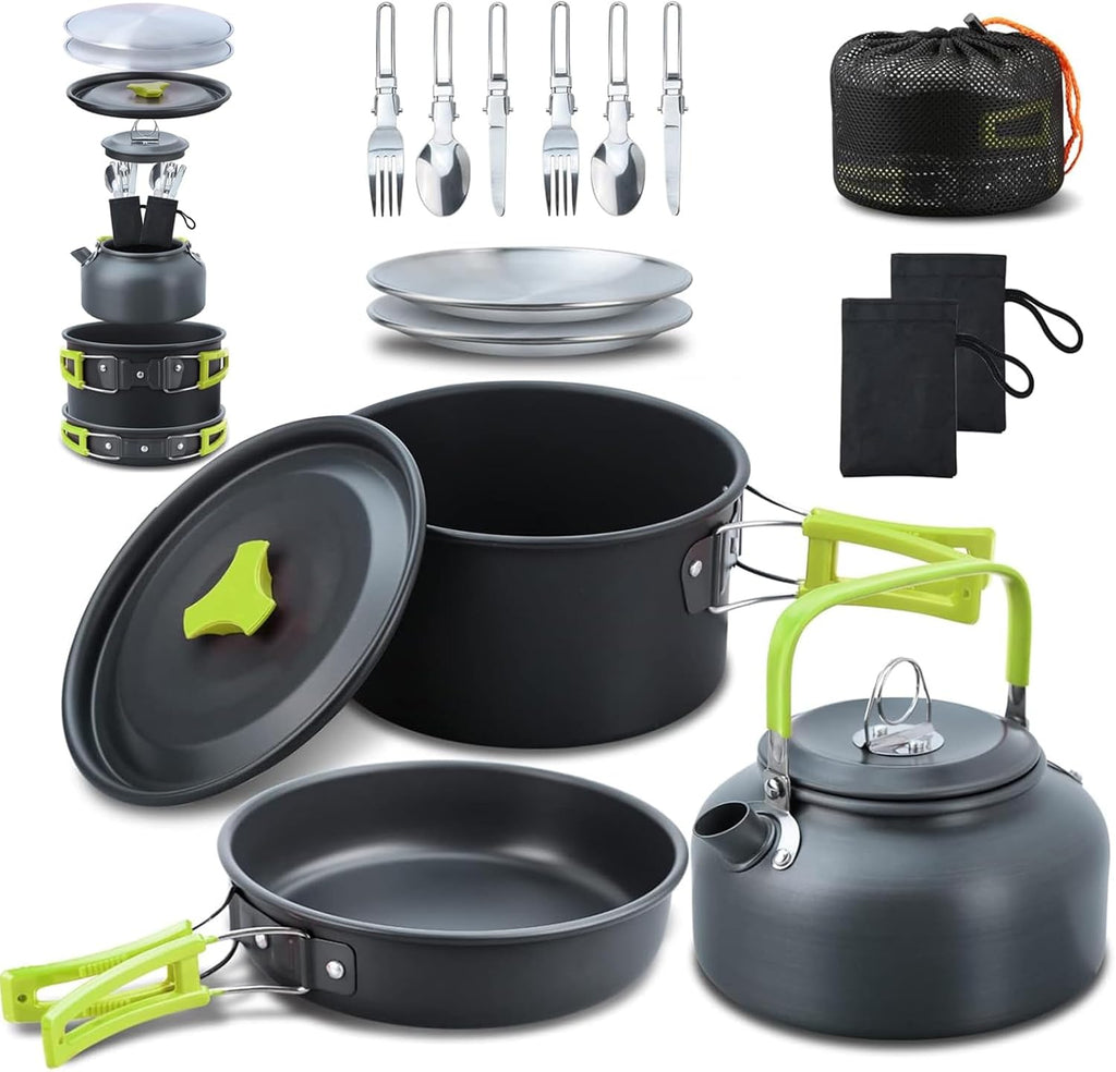 16pcs Camping Cookware Mess Kit, Non-Stick Lightweight Pot Pan Kettle Set with Stainless Steel Plates Forks Knives Spoons, Portable Camping Cooking Set for Outdoor Backpacking Hiking Picnic