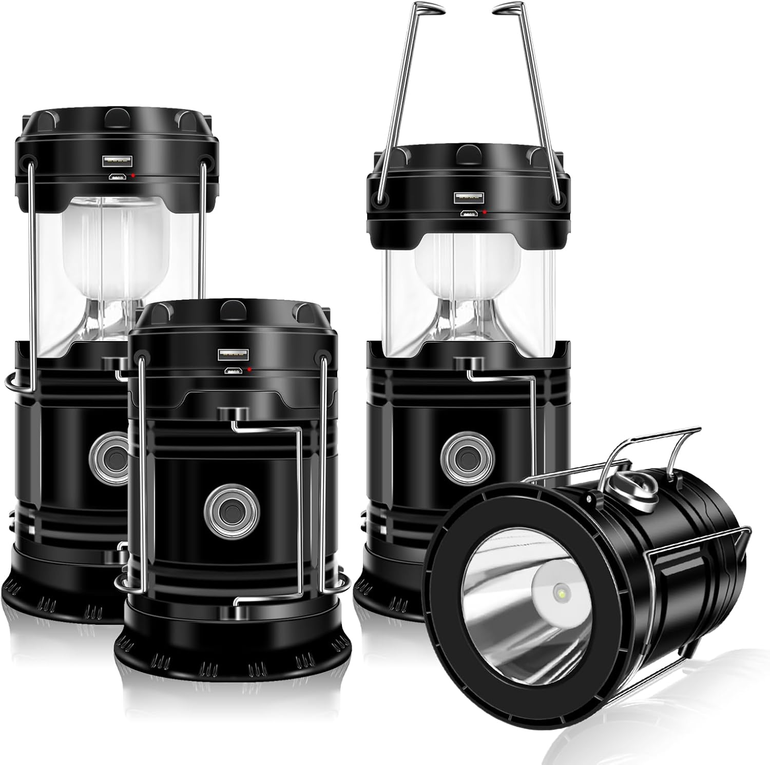 4-Pack Solar Camping Lantern, Collapsible LED Solar USB Rechargeable Lantern Flashlight Emergency Hanging Lights for Camping Hurricanes Power Outages Indoor Outdoor