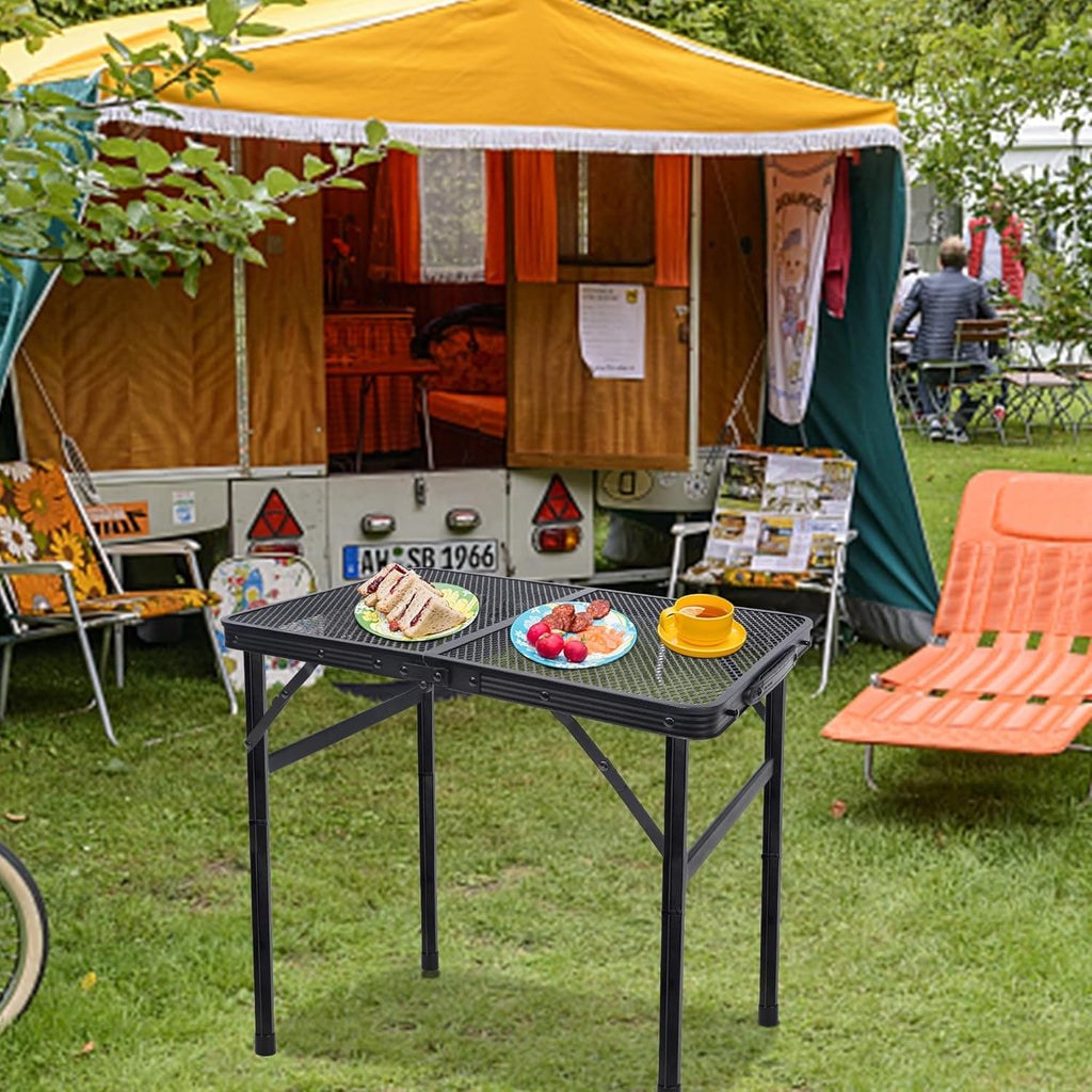 Small Folding Table, Camping Table with Mesh Desktop, Portable Picnic Table with Carry Handle, Height Adjustable Portable Grill Table for Outside Inside Use
