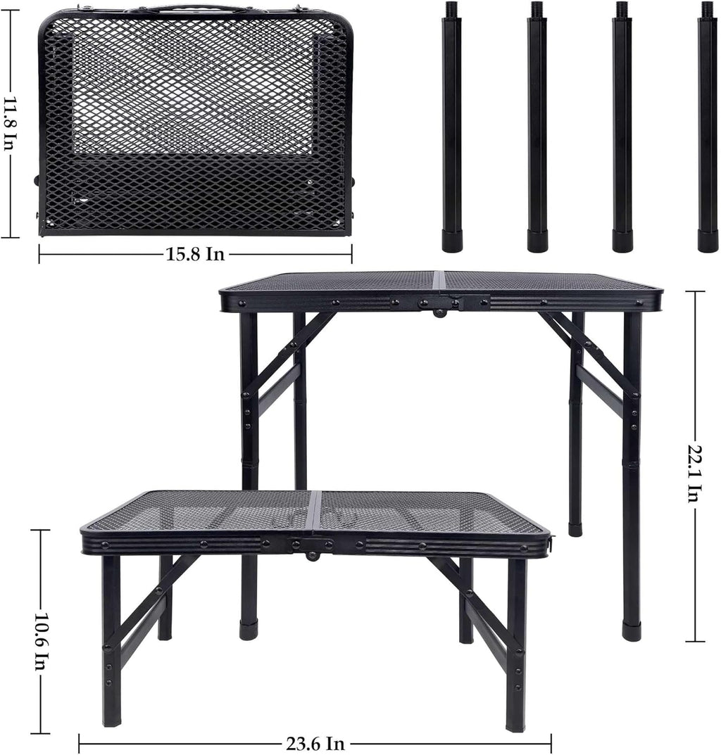 Small Folding Table, Camping Table with Mesh Desktop, Portable Picnic Table with Carry Handle, Height Adjustable Portable Grill Table for Outside Inside Use