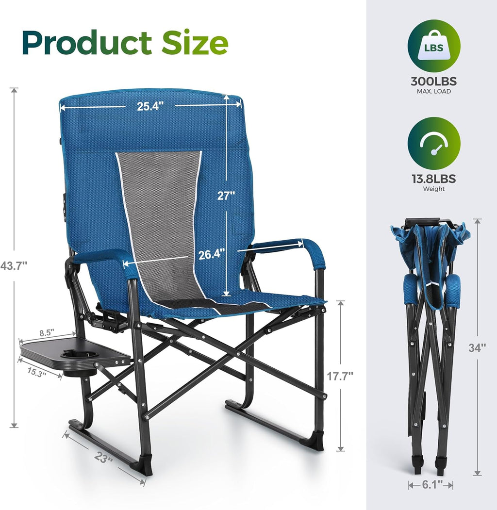 Oversized Folding Camping Chairs High Backrest Reclining Director Heavy Duty Lawn Chairs for Adults Support 300 LBS Fishing Chairs with Large Side Table Cup Holders for Outdoor Fishing